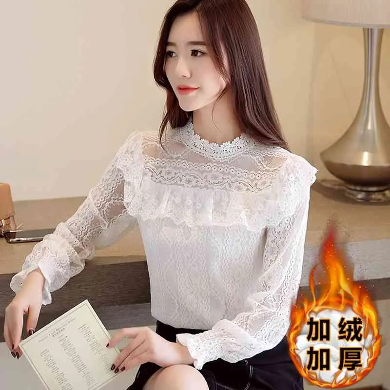 Elegant Lace Top Korean Fashion Hollow Long Sleeve White Shirt for Women Ruffled Plus Velvet Blouse