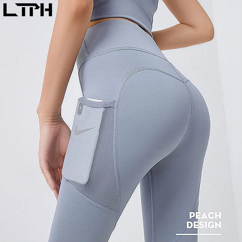 Vita alta Booty Lifting Leggings solidi sport donna fitness piccola tasca Palestra plus size Pantaloni bodybuilding Autunno 210427