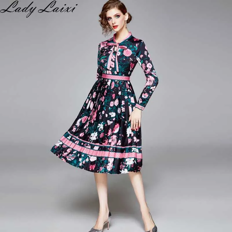 봄 활주로 고품질 활 목 빈티지 식물 프린트 파티 드레스 Vestidos Robe Femme 우아한 도트 프린트 미디 드레스 210529