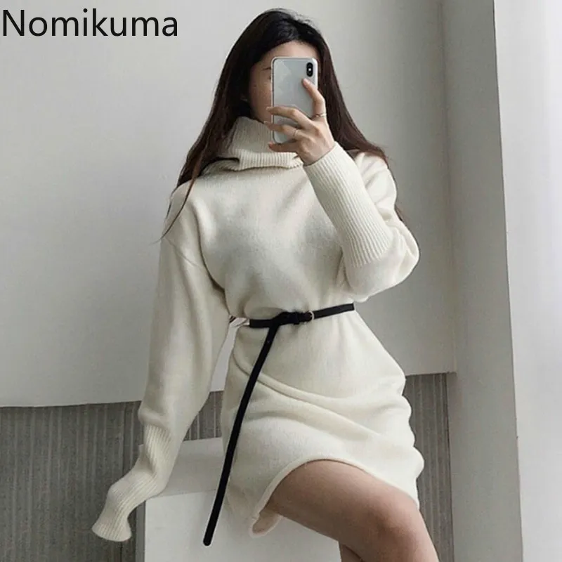 Nomikuma herfst winter coltrui trui jurk Koreaanse riem slanke taille gebreide jurken causale lange mouw vrouwen vestidos 6D184 210427