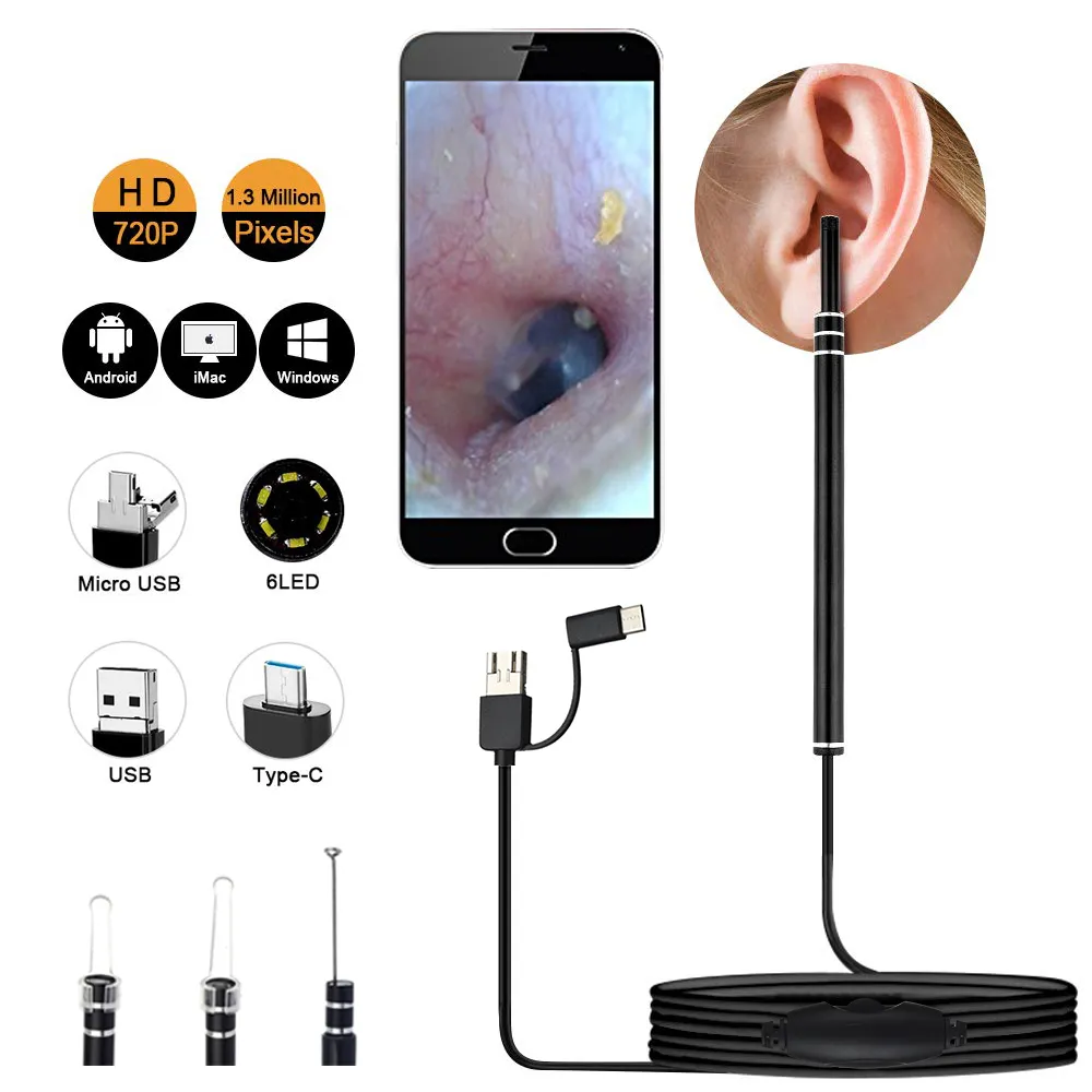 EPACK In Ear Cleaning Endoskop Sked Minikamera Öronplockare Öronvax Borttagning Visuell Mun Näsa Otoskop Support Android PC