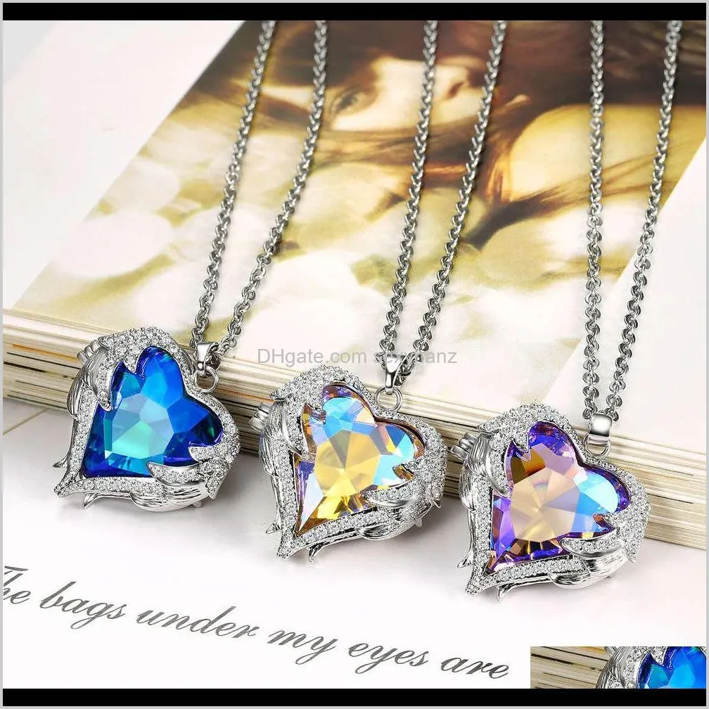 silver bottom diamond three color straight jewelry temperament angel heart shaped pendant necklace