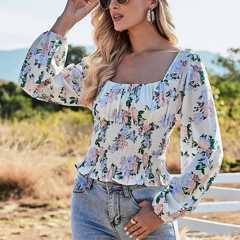 Summer Women Chiffon Blouses Vintage Print Square Collar Long Sleeve Shirts Slim Beach Style Crop Blusas 210514