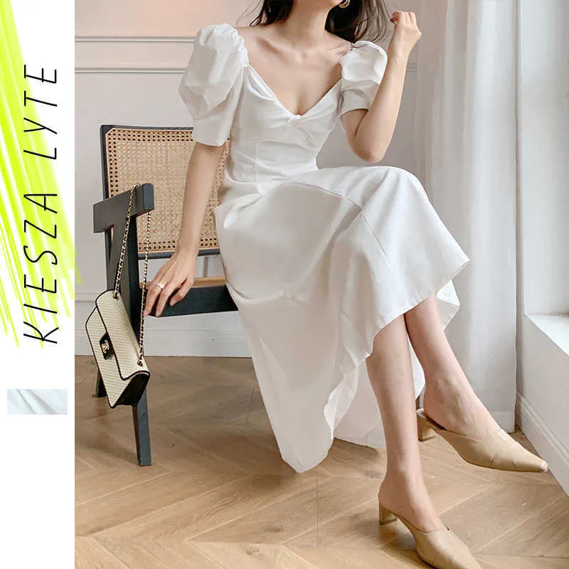 Witte jurk pof mouwen zomer franse stijl vakantie elegante kantoor dame partij v-hals jurken 210608
