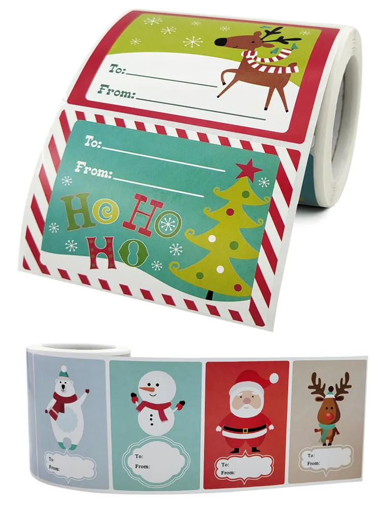 250 stks / roll Kersttags zelfklevende Santa Stickers Sneeuwmannen Xmas Tree Decoratieve etiketten presenteert decor XBJK2110