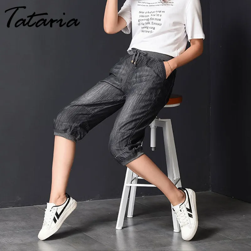Tataria plus storlek lösa jeans höga midja mamma för kvinnor knä-längd denim shorts svart spets upp avslappnad harem byxor 210514