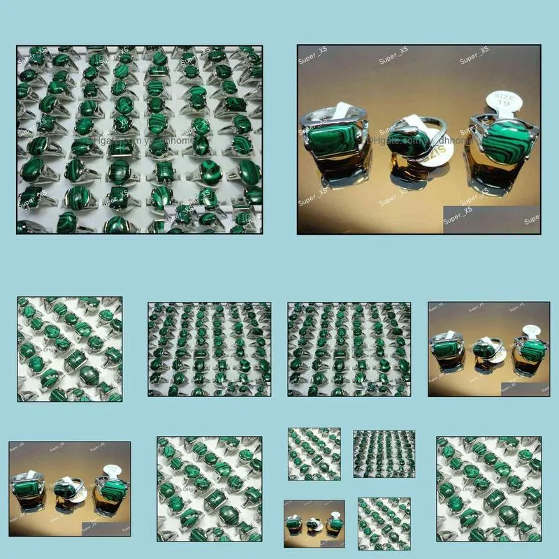 15Pcs Whole Jewelry Bulk Lots Mix Green Malachite Stone Silver Plated Ring For Women Men Fashion Jewelry LR524 220115