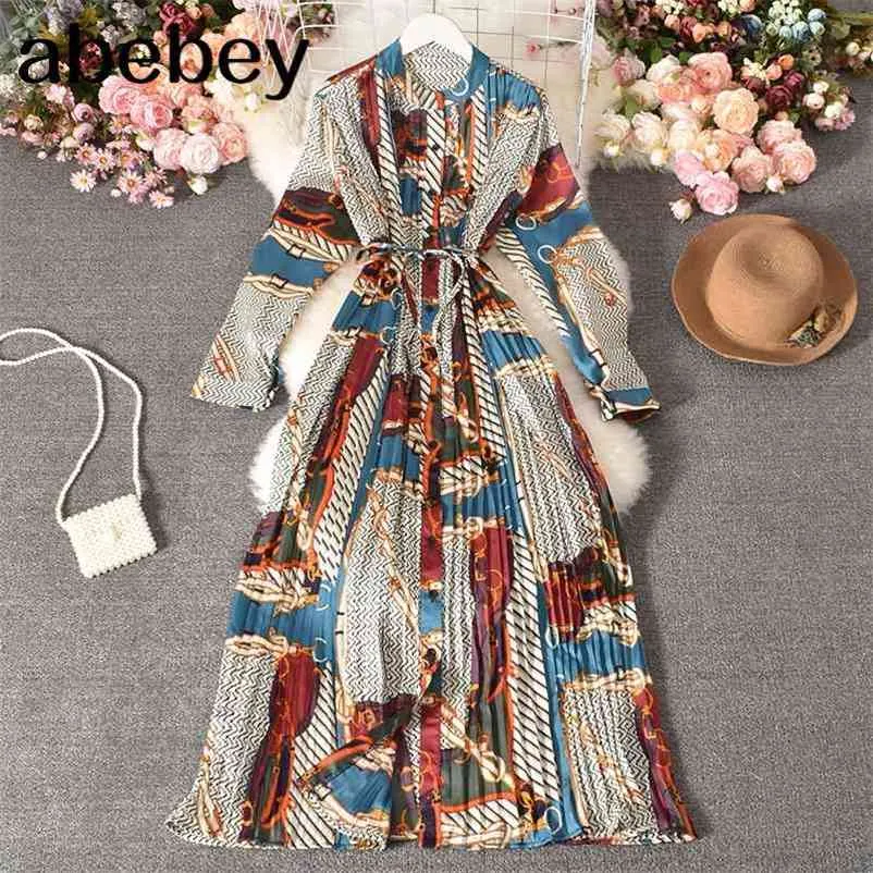 Spring Women Stain Long Dress Stand Collar Black and Beige Geometric Printed Long Sleeves Single Button Mid-calf Pleated Dress 210715