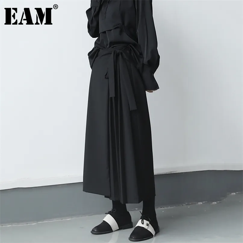 [EAM] taille haute élastique noir plissé longue jambe large pantalon coupe ample pantalon femmes mode printemps automne 1DB207 211115