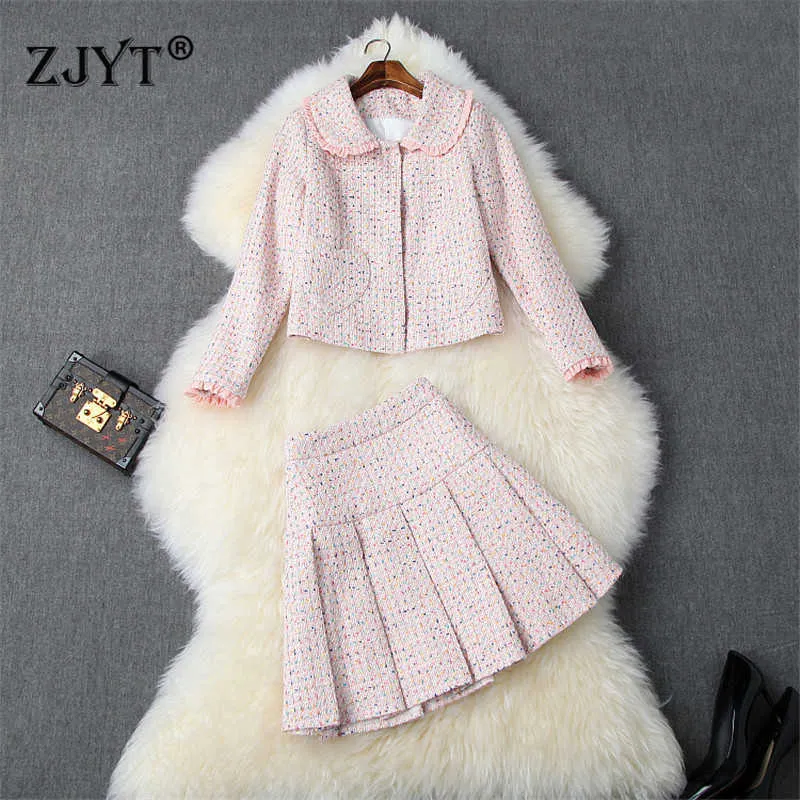 Val winter twee stukken outfit vrouwen mode ontwerper zoete ruche roze tweed wollen jas en mini rok pak sets 210601