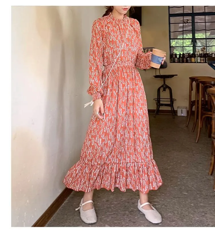 Spring Vintage Korean Printed Chiffon Long Dress Women Stand Collar Loose  Waist Mid-Calf Length from Dhgate Basic & Casual Dresses - price 32.8