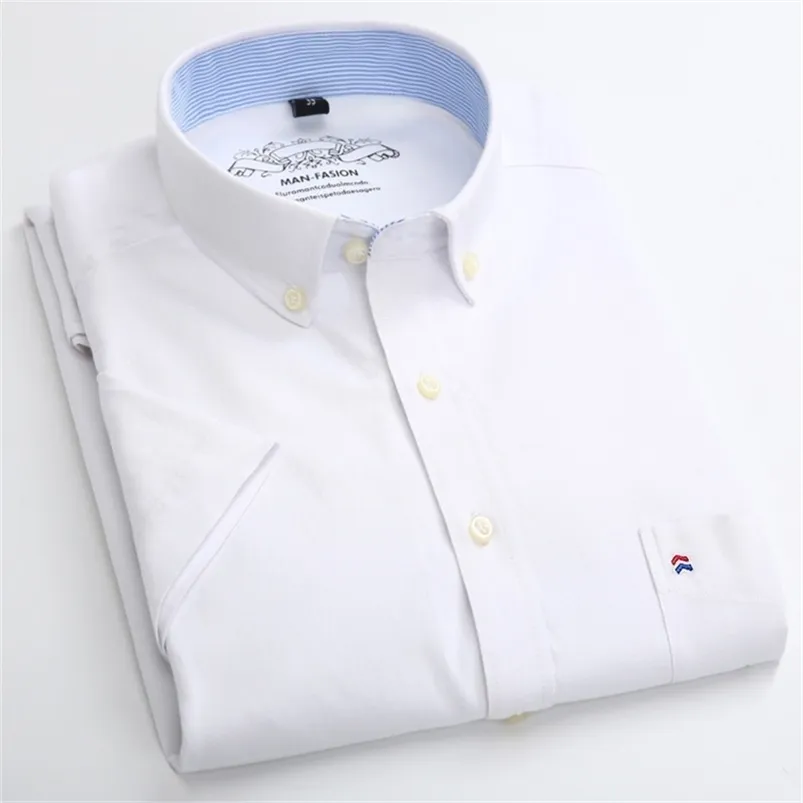 Летний с коротким рукавом мужская сплошная оксфордская повседневная рубашка легко уход за простым досугом удобное регулярное платье рубашки 220222
