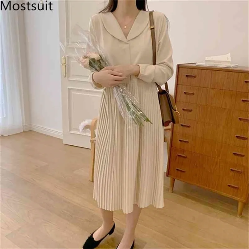 Höst Koreanska Eleganta Pläterad Klänning Kvinnor Långärmad Turn-Down Collar Fashion Solid Ladies Klänningar Vestidos Femme 210513