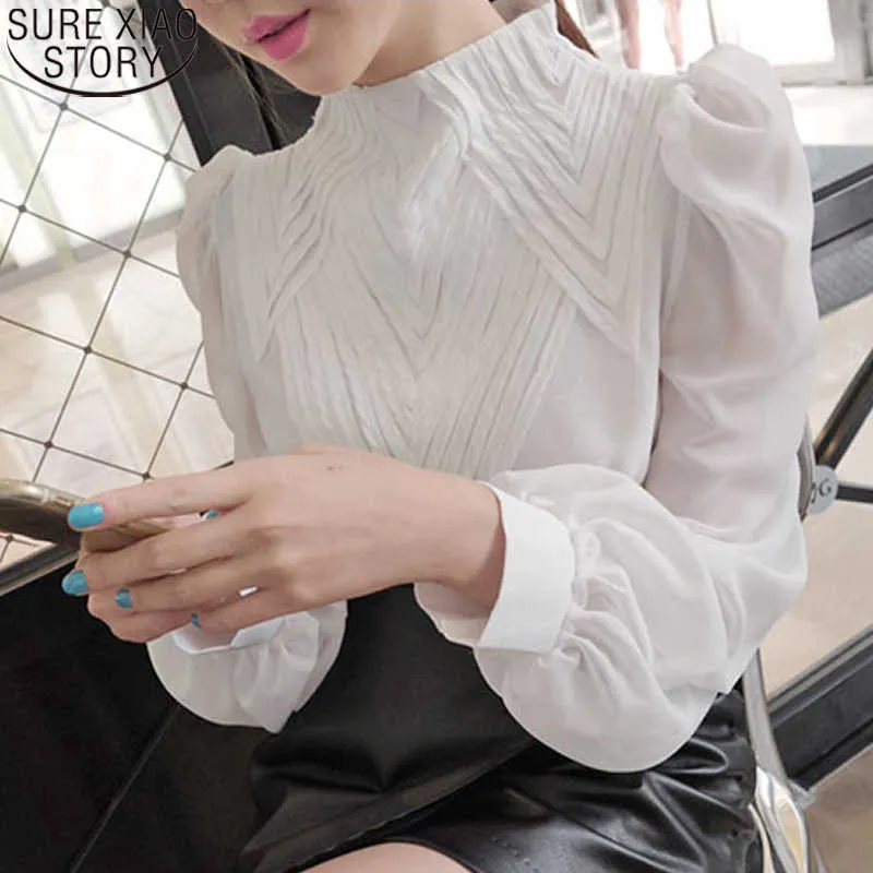 Frühling Koreanischen Stil Chiffon Hemd Chic Elegante Mehrschichtige Plissee Stehkragen Bluse Frauen Puff Sleeve Sonnenschutz Top 12945 210527