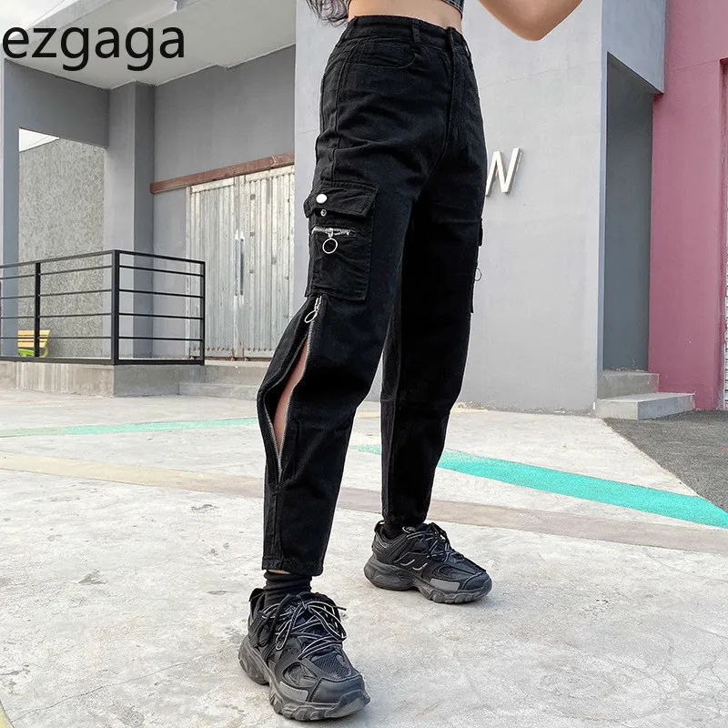 Ezgaga Cargo Broek Vrouwen Hoge Taille Rits Big Zakken Sexy Broek Jogger Femme Pantalon Solid Streetwear Casual Fashion 210430
