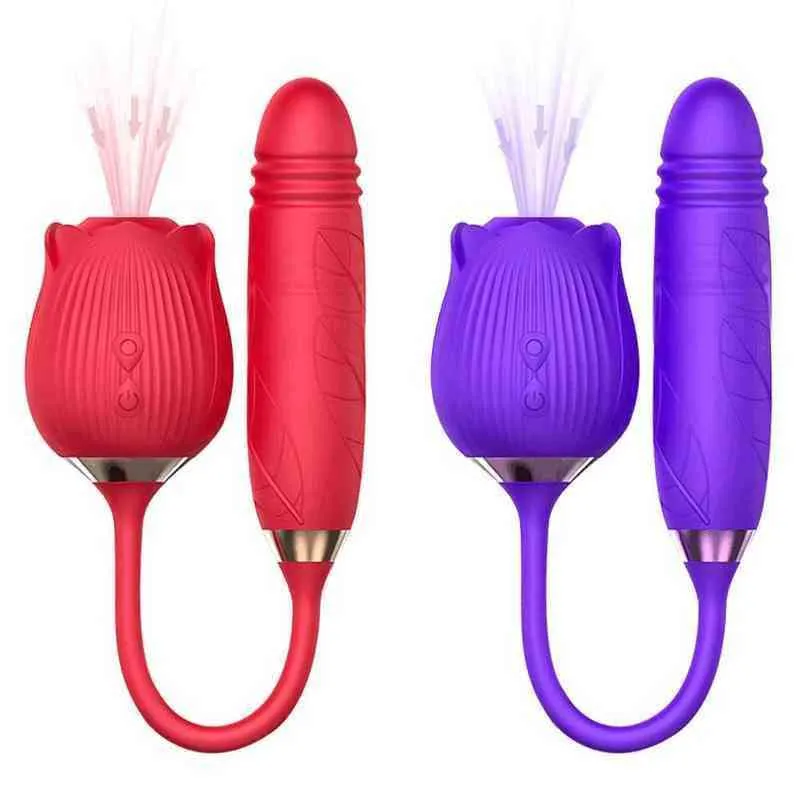 NXY Vibrators Nieuwe 2 in 1 Clitoris Zuigen Rose Thrusting Dildo Stimulator Massage Head spot Sex Toys voor Vrouwen 0107