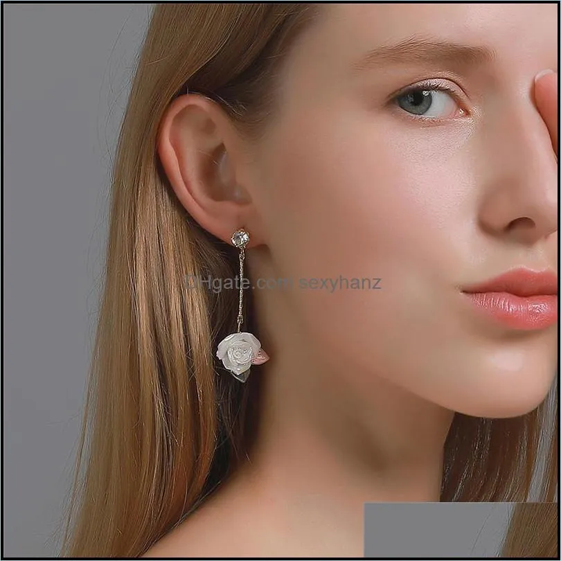 French Rose Flower Long Dangle Earrings Women Retro Crystal Tassel Chain Ear Nail European Business Party Gift Floral Earring Jewelry
