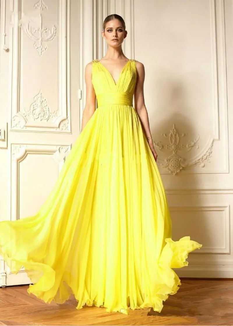 High Quality Yellow Chiffon Prom Dresses V-Neck Pleats Ruched Floor Length Ladies Formal Dress Party Gowns Custom Made