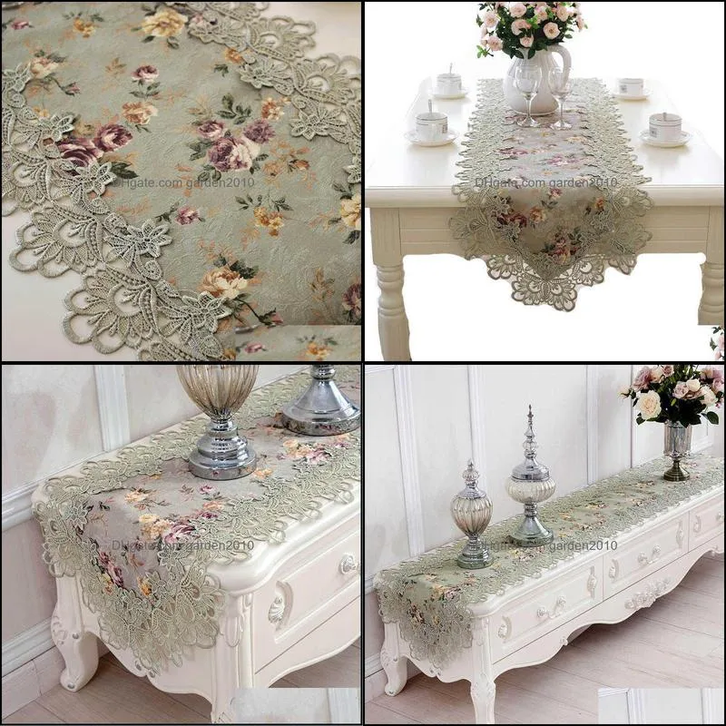 Table Flag flower Embroidered Green Top Elegant Europe Lace Pastoral Print Table Runner Home Decoration Runners Placemats HM384 220107