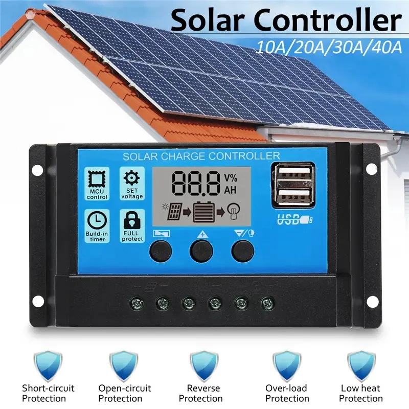 10/20/30/40/50A 12V/24V Light &Time Control Auto Adapte Solar Charge Controller Dual USB Port LED Indicator PWM