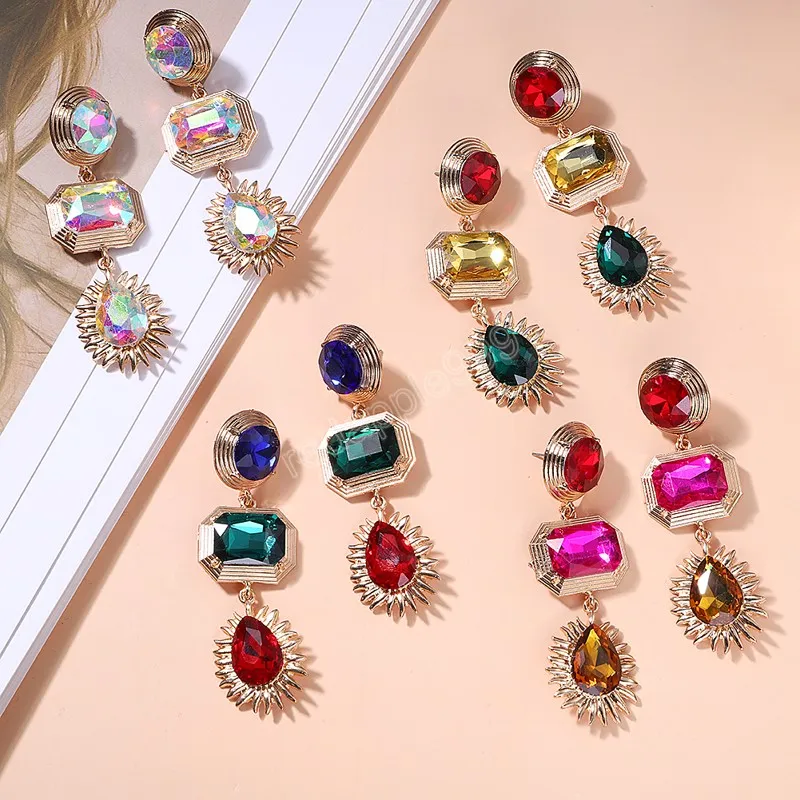 Boucles d'oreilles longues en métal doré et cristal coloré pour femmes, bijoux de luxe en verre strass de haute qualité