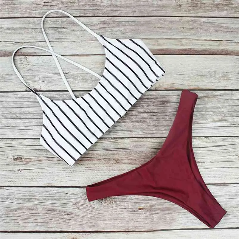 Bikini Set Striped Sexy Swimwear Women Bandage Swimsuit Swimming For Suit Two Piece Biquini Bathing Beachwear L 210621