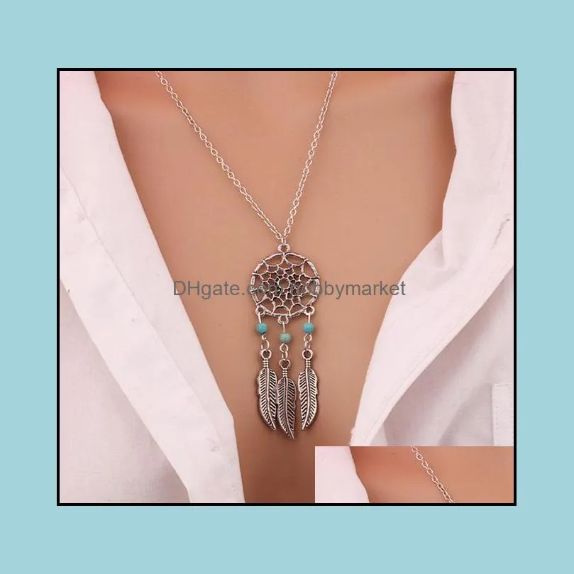 New Fashion Dreamcatcher Pendant Mandala Lotus Necklace Tassel Feather Long Sweater Chain Charm Jewelry Dream Catcher Necklace