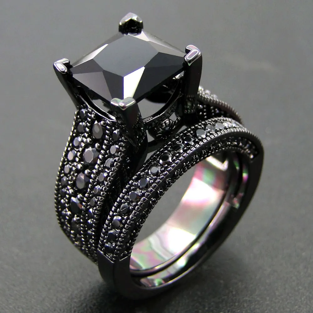 Arrival Black Gold Plated Jewelry Ring Set AAA Black Cubic Zircon Stone Ring Set Women Wedding Rings Size 5/6/7/8/9/10/11 210524