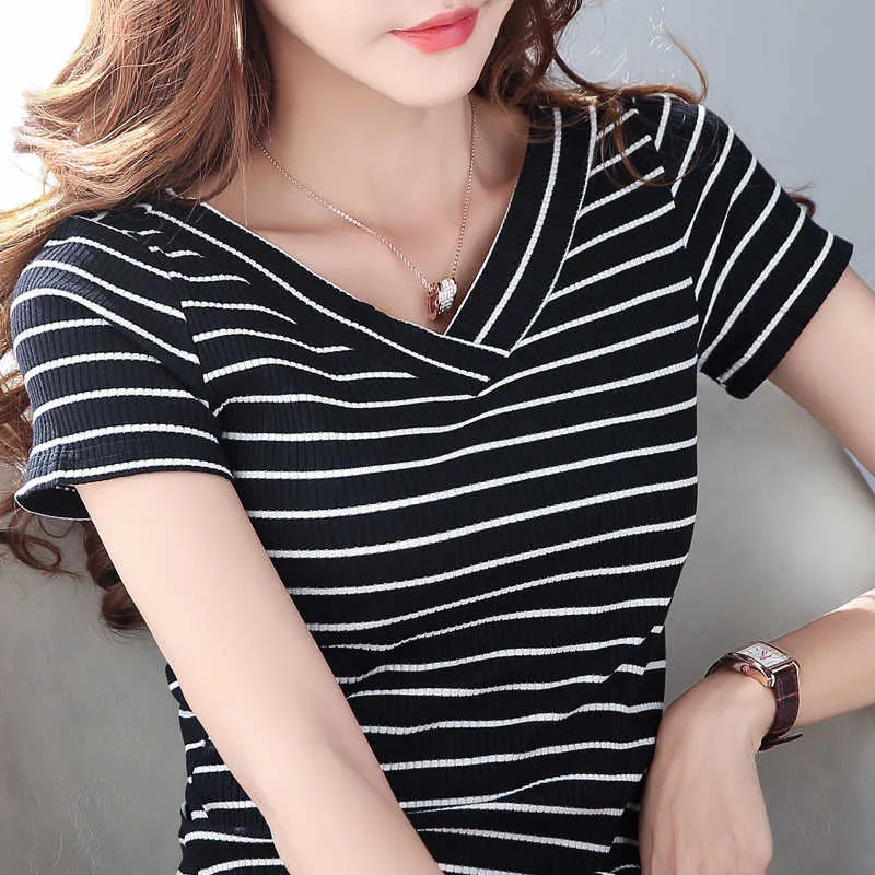 Мода с коротким рукавом летом футболка женщины V-образным вырезом черная полосатая трикотажная футболка женские топы одежда футболка CamiSeta Mujer C840 210602