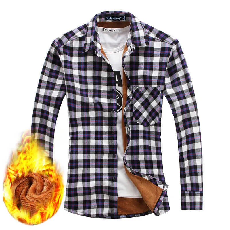 Mens Shirts Thicken Fleece Lined Plaid Thermal Flannel Shirt Long
