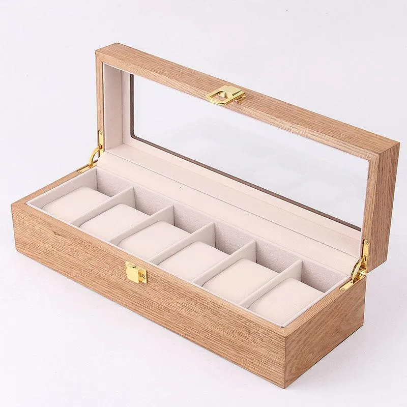 Caixas de relógio casos caixa de madeira titular armazenamento display organizador luxo retro madeira maciça nogueira vidro transparente 6 epítopos watche271h