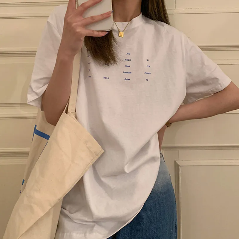 4Colors 여름 ​​한국어 스타일 Breif 작은 편지 인쇄 반팔 티셔츠 여성 느슨한 탑 티셔츠 FEMME (F4269) 210423