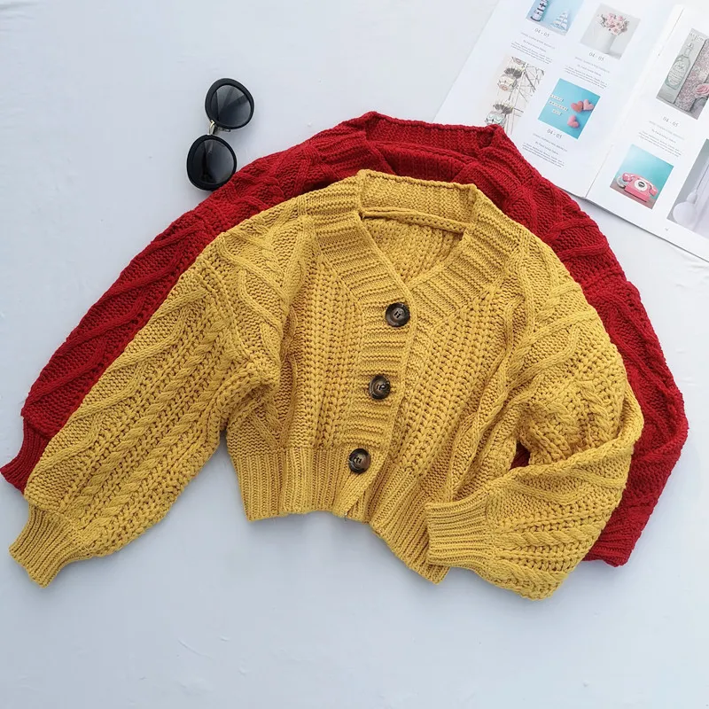 Jesień Zima Krótka Gruba Igła Pościel Twist Cardigans Kobiety Luźny Latarnia Rękaw Oversize Sweter Lazy Dzianiny Cardigan Płaszcz 210420