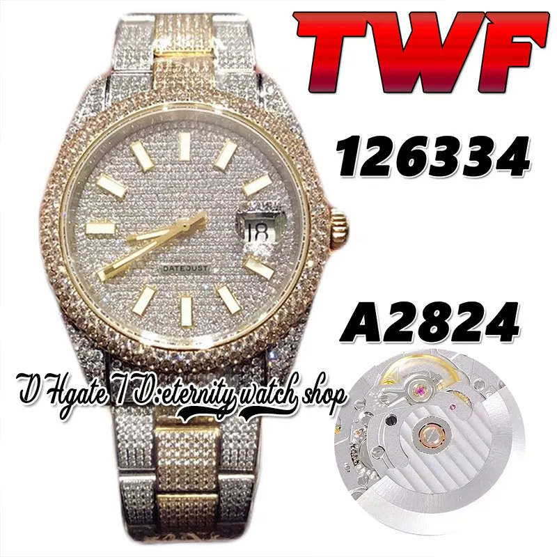 2022 TWF 126333 126334 A2824 Automatik 41 mm Herrenuhr 118348 Zifferblatt mit gepflasterten Diamanten 904L Edelstahlgehäuse vollständig vereister Diamant Gold Silber Armband Ewigkeitsuhren