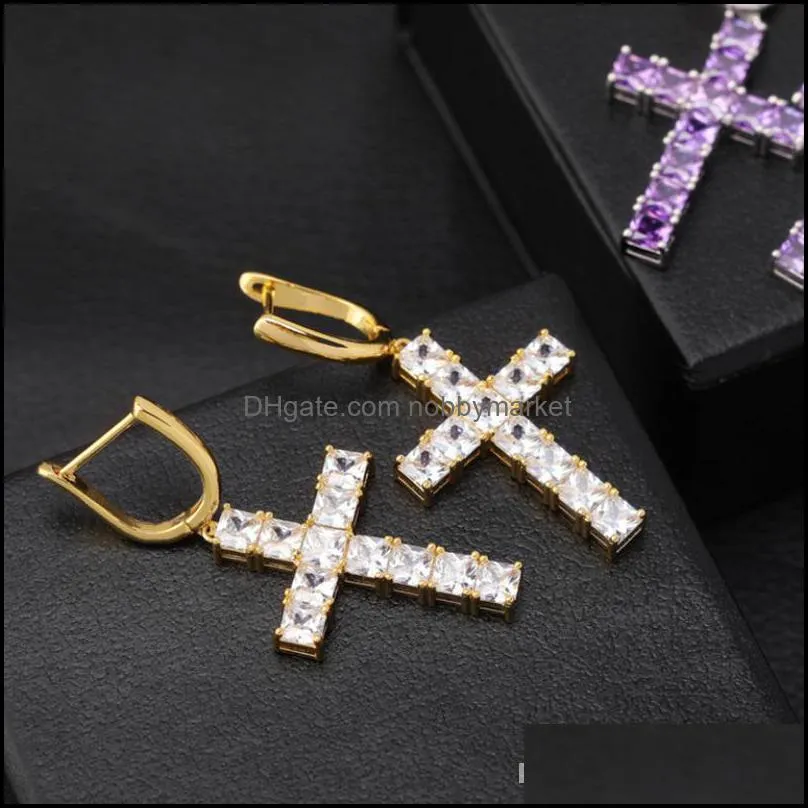 Hip Hop Designer Earrings Fashion Men Women High Grade 18K Gold Rhodium Plated Copper Cross Dangle Chandelier Luxury Bling Zircon