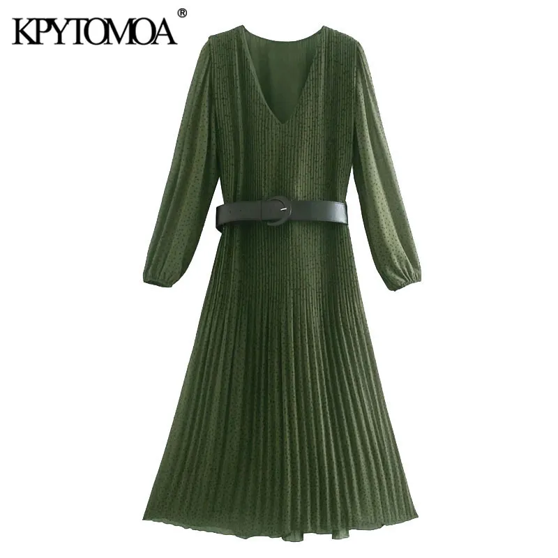 Vrouwen chique mode riem print geplooid midi jurk vintage lange mouw met voering vrouwelijke jurken vestidos 210416