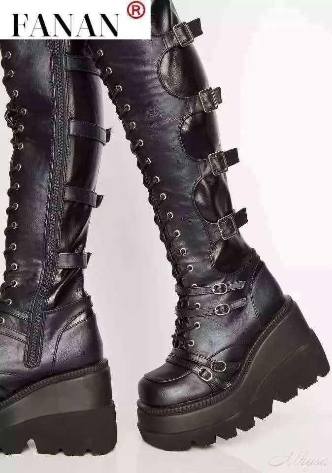 Tasarım Kadın Yüksek Platform Uyluk Yüksek Çizmeler Moda Toka Punk Yüksek Topuklu Çizmeler Kadın Cosplay Takozlar Çizmeler Kadın Botas Mujer G1112