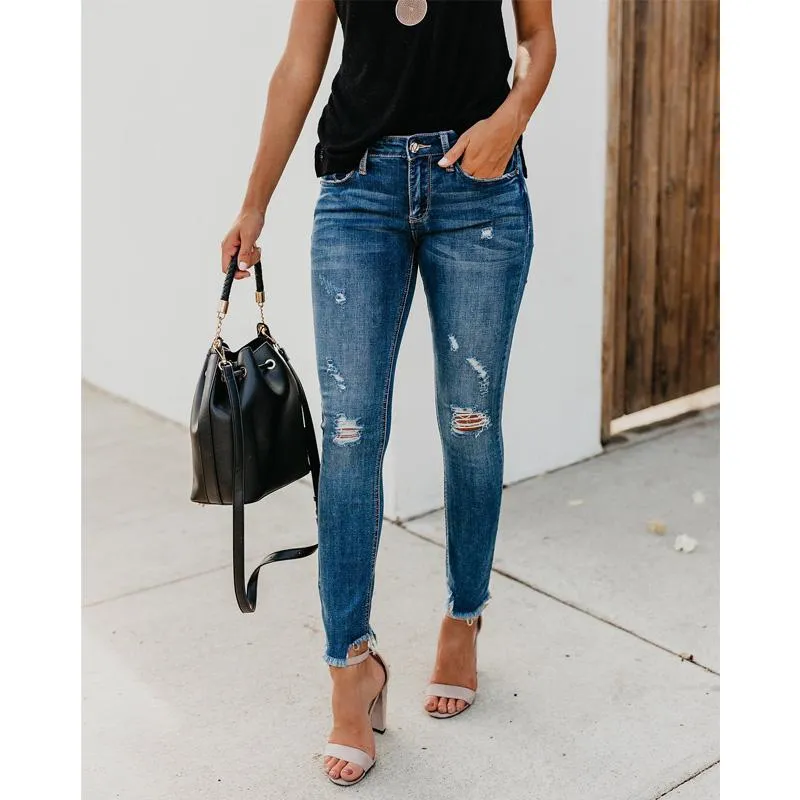 Jeans para mujer 2021 EST Las mujeres estiradas rasgadas desgastadas de cintura alta cintura de algod n pantalones triturados pantalones de moda ropa