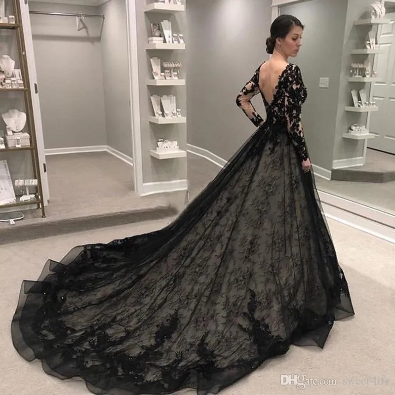 Robes de mariée gothique noire en dentelle sans arrière 2021 vintage une robe nuptiale en ligne plus taille