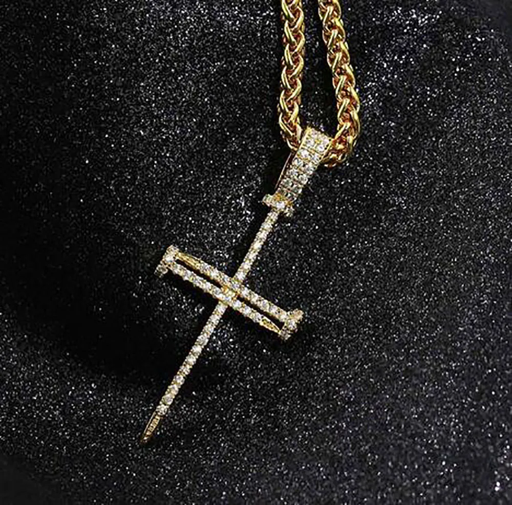 Iced Out Cubic Zircon Nail Cross Pendant Necklace With 3mm 24inch Rope Chain Men Women hiphop jewelry Whosales