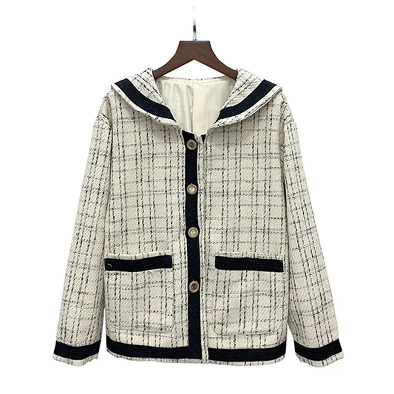 Kobiety Beige Tweed Jacket Sailor Collar z długim rękawem Vintage Pocket Coat C0174 210514