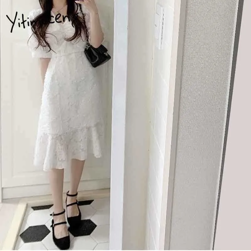 Yitimuceng Midi Dresses for Women Hook flower High Waist Short Sleeve White Black Sundress Summer Fashion Elegant Dress 210601