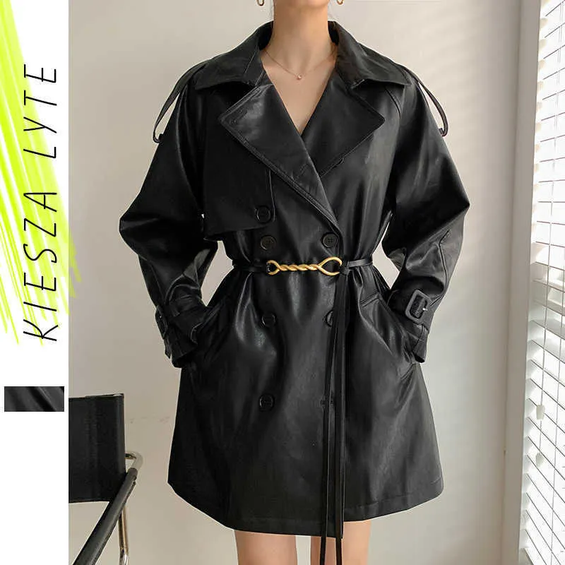 Весна осень траншеи PU пиджак мода ременьзовой причиной отворота ветровка женское пальто вершины верхней одежды 210608