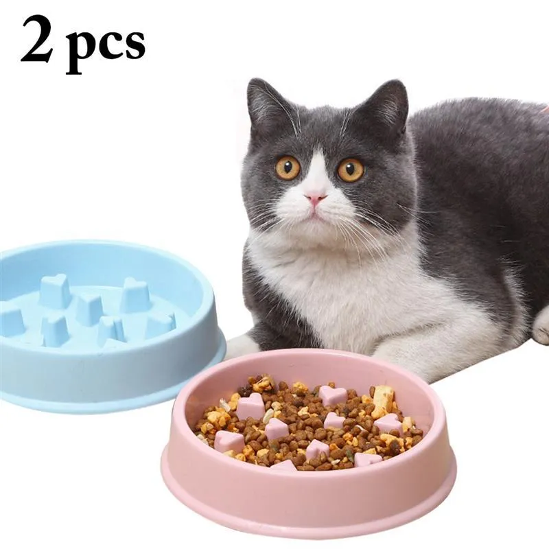 Cat Bowls & Feeders 2 Pcs/Set Pet Creative Plastic Pets Kittens Slow Feeding Food Bowl Cats Drinking Dish Feeder Supplies Accessories