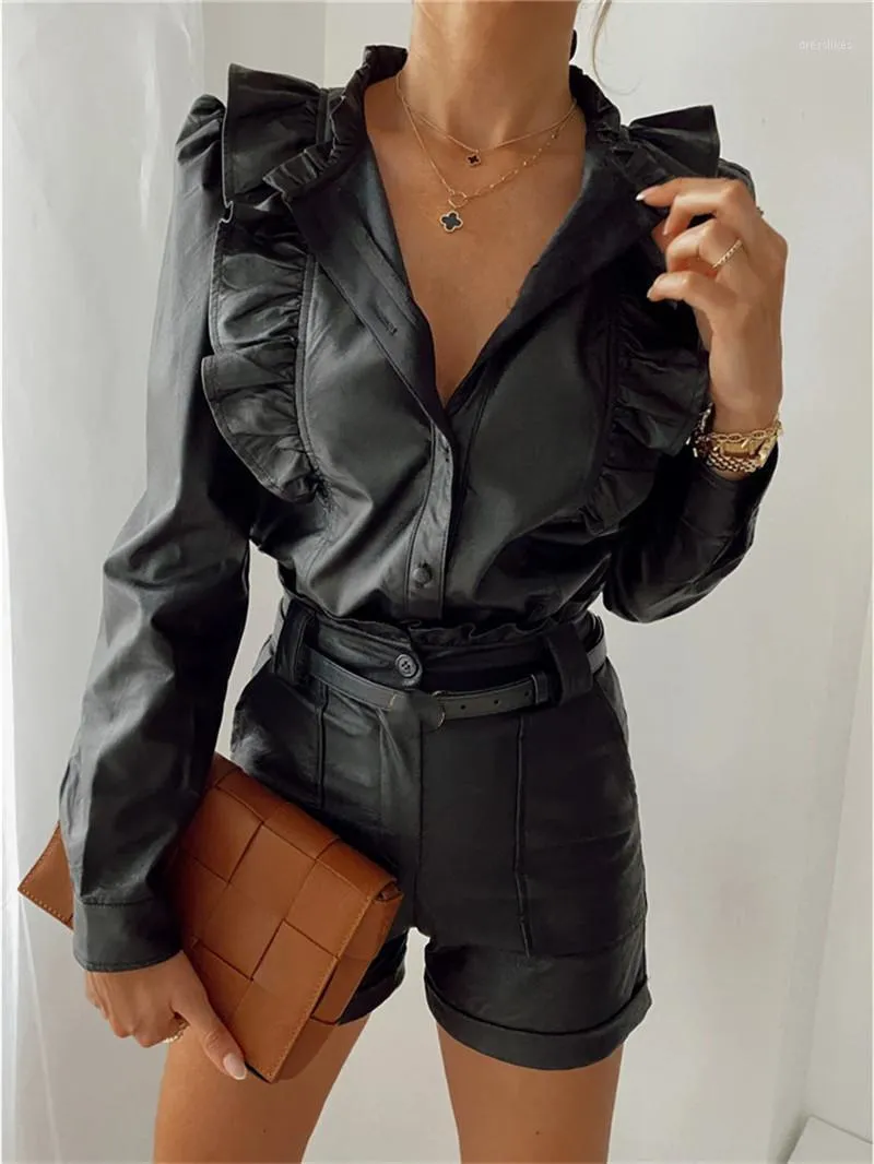 Women's Blouses & Shirts Women Spring Black PU Leather Ruffles Dress Fashion Formal Female V-neck Long Sleeve Button Up Blouse Tops