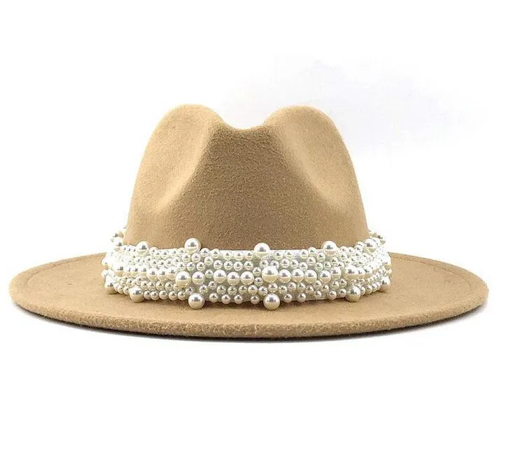 Lana Jazz Fedora Top Hats Casual Mujeres Pearl Ribbon Fieltro Sombrero Panamá Trilby Formal Party Cap 58-61cm 17 Colores