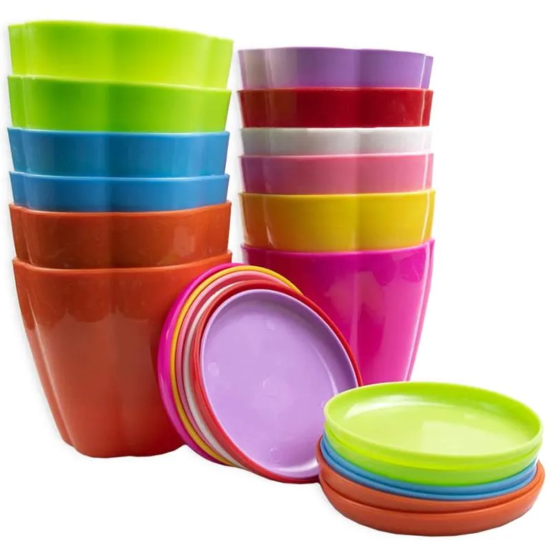 Sets Of Colorful Plastic Flower Pots With Trays, Indoor And Outdoor (Ran Colors) Planters &