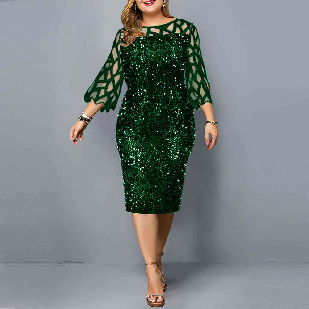 Robes de soirée Plus Taille Robe d'été pour femmes pour femmes 2021 Robe moulante verte à paillettes élégantes Tenues de mariage de soirée 4XL 5XL X0521