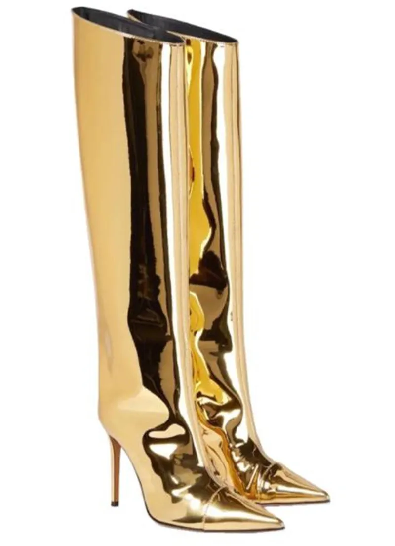 Sexy Women Shining Pointed Toe Patent Leather Stiletto Heel Knee High Boots Gold Silver Blue Mirror Leather Long High Heel Boots