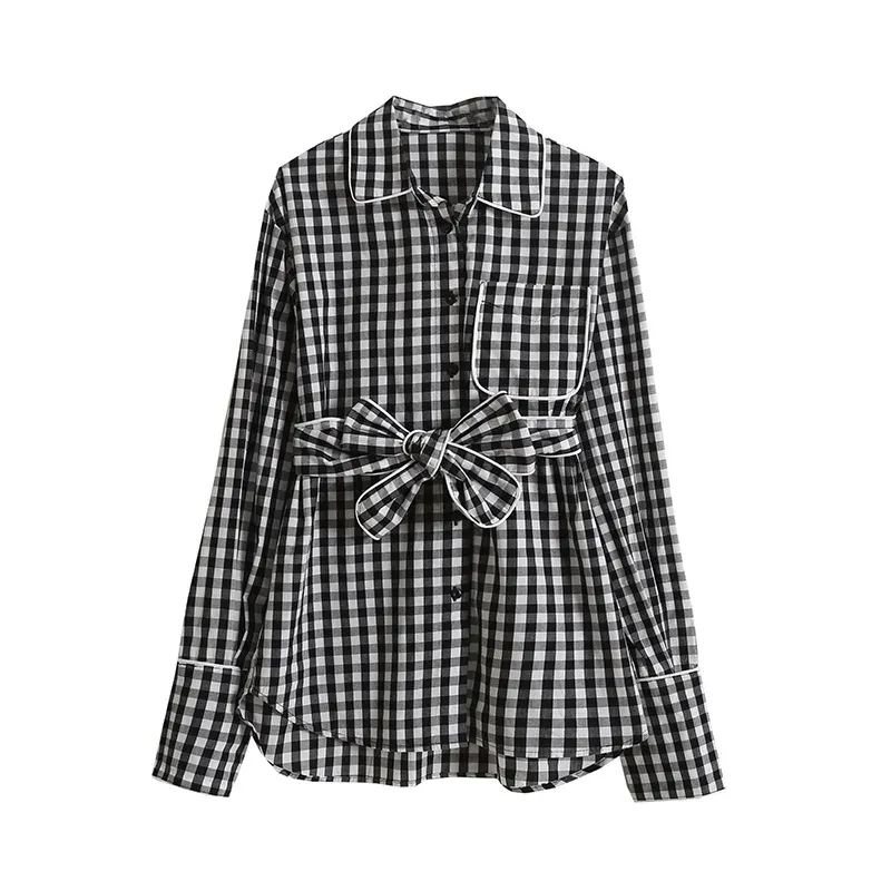 Casual Classic Black-White Plaid Bow Sprawdź Długa Koszula Mini Sukienka Imperium Talii Wiosna Jesień Wszystkie Mecz Ladies Top 210521